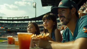 Family joyfully shares snacks at a baseball game on a sunny afternoon photo