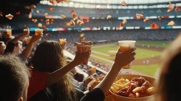 Fans joyfully raise snacks and drinks while cheering for their team in the stadium photo