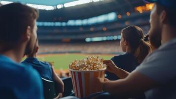 Friends cheer together, sharing laughs and popcorn while watching a live game photo