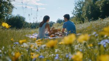 A couple enjoys a delightful picnic surrounded by blooming wildflowers photo