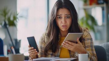 A woman looks concerned while juggling her phone and tablet at home photo