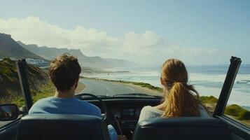 A couple enjoys a scenic drive by the ocean during a sunny afternoon photo