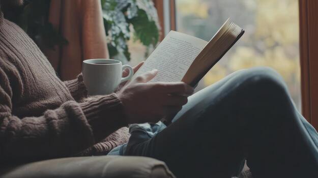 Enjoying a warm drink while reading a captivating book during autumn photo