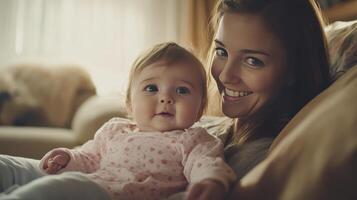 A joyful mother lovingly embraces her smiling baby in a warm atmosphere photo