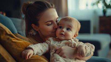 A mother lovingly kisses her baby while sitting together on a cozy couch photo