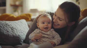 A mother shares a delightful moment with her smiling baby on a comfortable couch photo