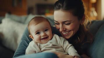 A mother shares a smile with her happily giggling baby in a warm setting photo