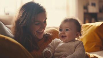 A joyful mother shares a tender moment with her smiling baby at home photo