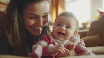 A mother shares laughter with her delighted baby in a warm setting photo