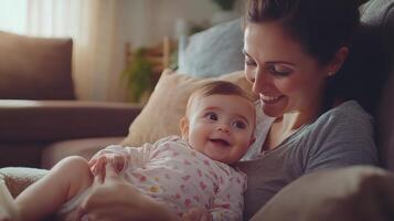 A mother enjoys playtime with her smiling baby in a warm, soft-lit room photo