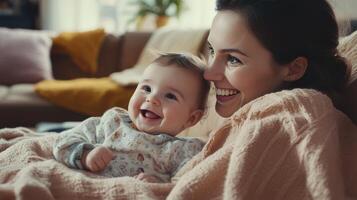 A smiling mother and baby share a tender moment on a cozy couch photo