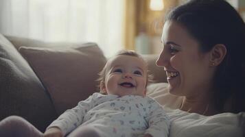 A mother shares a joyful moment with her smiling baby on a soft couch photo