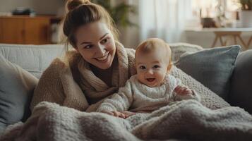 A mother shares a joyful moment with her smiling baby on a cozy couch photo