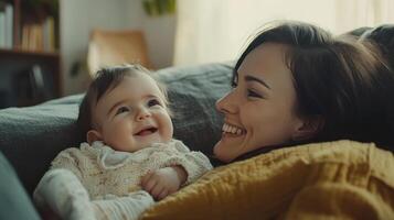 A mother enjoys a tender moment with her smiling baby on a soft couch photo