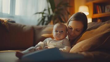 A mother enjoys a quiet moment reading to her baby by warm lamp light photo