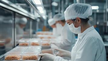 Staff members package food items while adhering to safety protocols in a busy kitchen photo