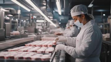 Employees meticulously pack food products while ensuring strict hygiene protocols photo