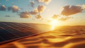 Dawn breaks, illuminating solar panels while casting shadows on sandy dunes photo