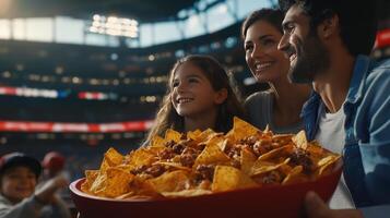A joyful family shares delicious nachos during a thrilling game day photo