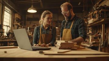 Two artisans collaborate on woodwork while discussing designs in a warm workshop photo