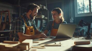 A skilled craftsman guides his daughter through a creative woodworking task photo