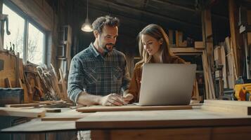 Two individuals engage in discussion while working on a laptop in custom workshop photo