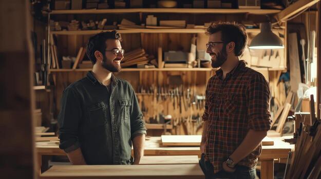Friends share laughter while crafting projects in a warm, inviting workshop atmosphere photo