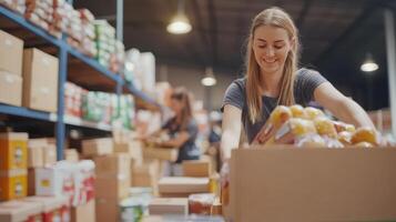 Volunteers joyfully pack food items into boxes to support those in need photo