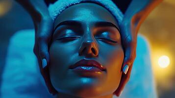 A tranquil spa session unfolds as gentle hands provide soothing facial care photo