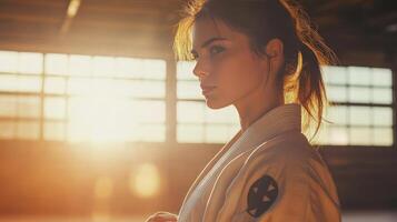 A dedicated martial artist stands tall, embracing the warmth of the dawn photo