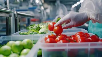 A worker arranges ripe tomatoes among fresh green produce in a bustling setting photo