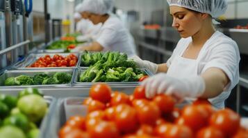 Culinary staff meticulously sorting fresh vegetables for meal preparation photo