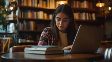 A focused student immersed in her work in a warm library setting photo