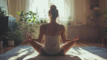 Practicing meditation in a tranquil, sun-drenched space filled with greenery photo