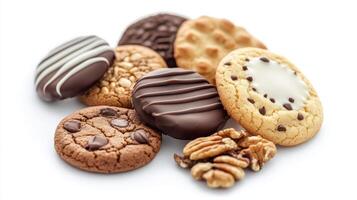 Assorted Homemade Cookies Displayed on White Surface With Nuts and Chocolate Drizzle in Afternoon Light photo