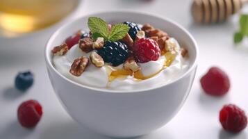Fresh Yogurt Bowl Topped With Berries and Nuts Enjoyed in a Cozy Kitchen Setting photo