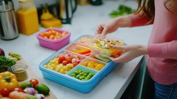 Preparing a Colorful Healthy Lunchbox With Fresh Vegetables and Fruits at Home photo