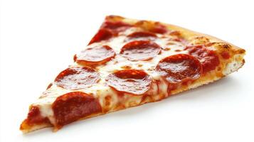 Delicious Slice of Pepperoni Pizza on Isolated Background With Cheesy Melt and Crispy Crust photo