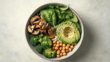 Vibrant Bowl of Healthy Vegetables and Chickpeas on a Neutral Background Under Natural Lighting photo