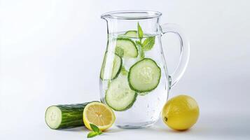 Refreshing Cucumber Lemon Infused Water in a Glass Pitcher on a White Background photo