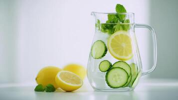 Refreshing Infused Water With Lemon, Cucumber, and Mint in a Clear Pitcher on a Bright Table photo