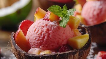 Colorful Coconut Bowls Filled With Fresh Fruit And Sorbet On A Rustic Table photo