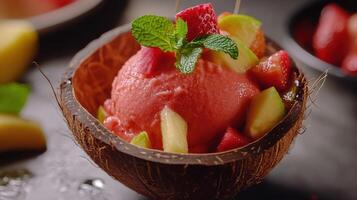 Delicious Strawberry Sorbet Served in a Coconut Shell With Fresh Fruit Garnish photo
