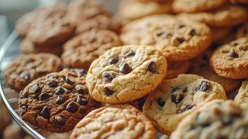 Freshly Baked Chocolate Chip Cookies Piled High on a Cooling Rack in a Cozy Kitchen photo
