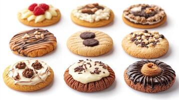 Delicious Assortment of Gourmet Cookies Displayed on a White Surface for Dessert Lovers photo