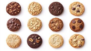 Assorted Homemade Cookies Displayed Symmetrically on White Background With Various Flavors and Textures photo
