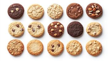 Assorted Homemade Cookies Including Chocolate Chip and Oatmeal Raisin on a White Surface photo