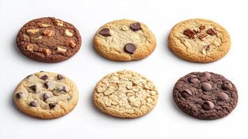 Assorted Cookies Featuring Chocolate Chips, Nuts, and Oats on a White Background photo