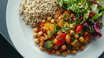 Colorful Vegetable and Chickpea Dish Served With Brown Rice and Fresh Salad on a White Plate photo