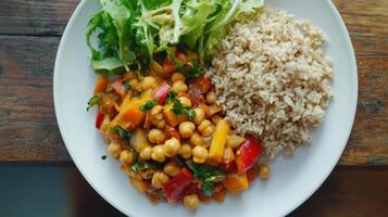 Colorful Chickpea Salad With Brown Rice and Fresh Greens Served on a White Plate photo